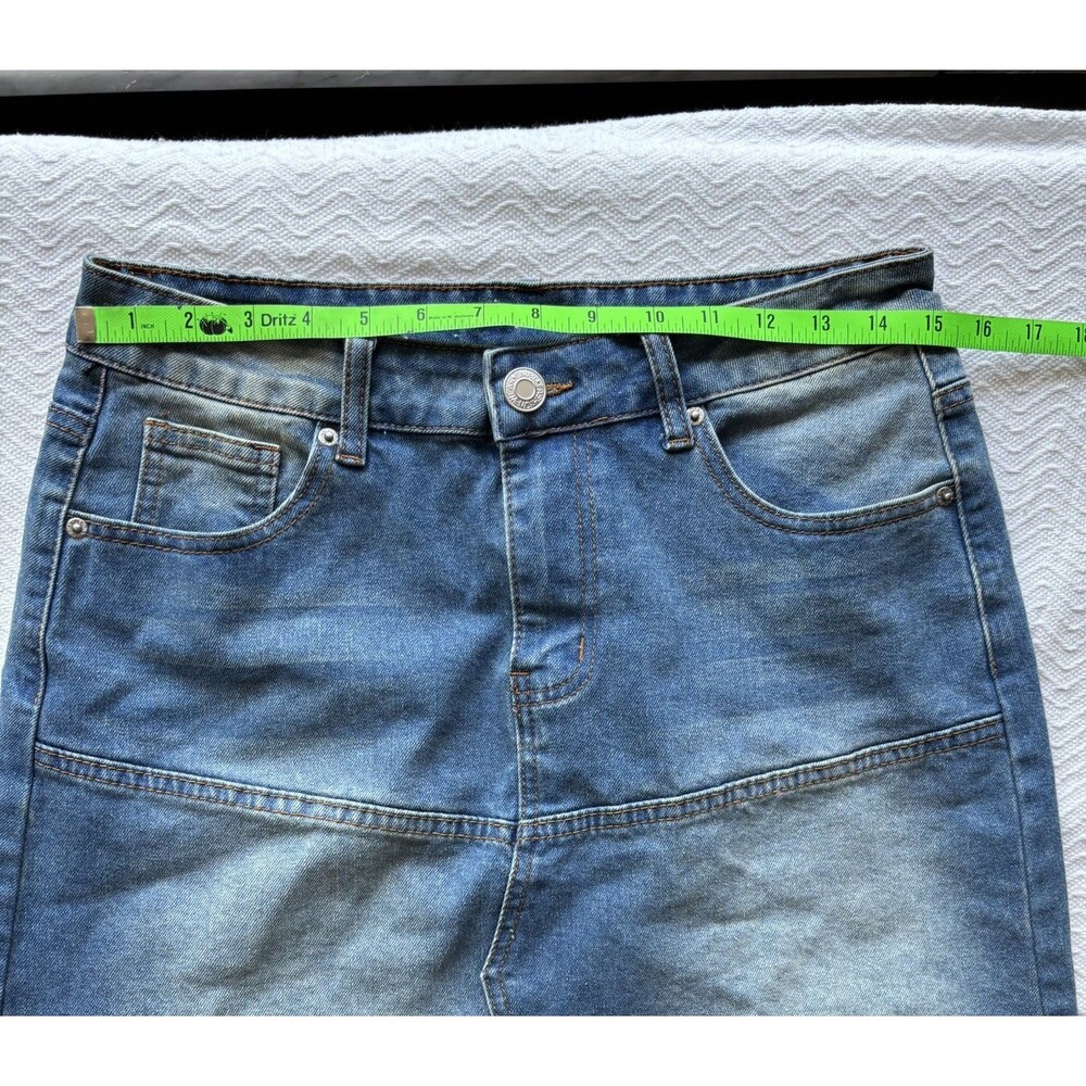 Be-Girl Denim Midi A Line Skirt Medium Wash W Lighter Areas Raw Hem Size M - Picture 5 of 8
